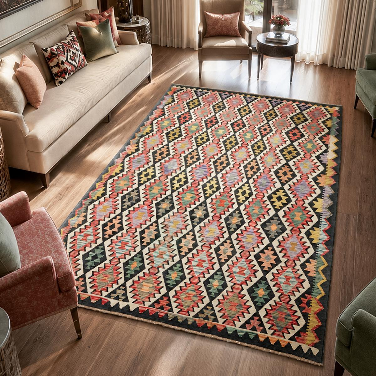 Tapis d'orient au motif ethnique, tissé plat en laine, KILIM 3 multicolore, rouge, vert, UN AMOUR DE TAPIS