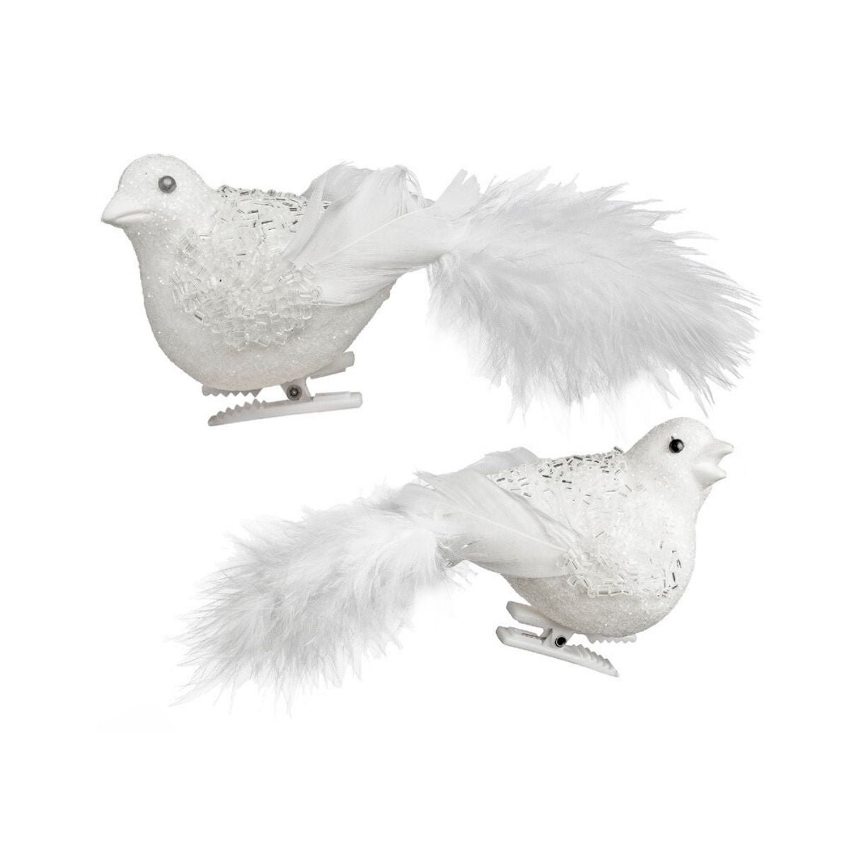 Set de 2 clips oiseaux pailletés décoratifs en plumes L8 blanc, SIA DECO