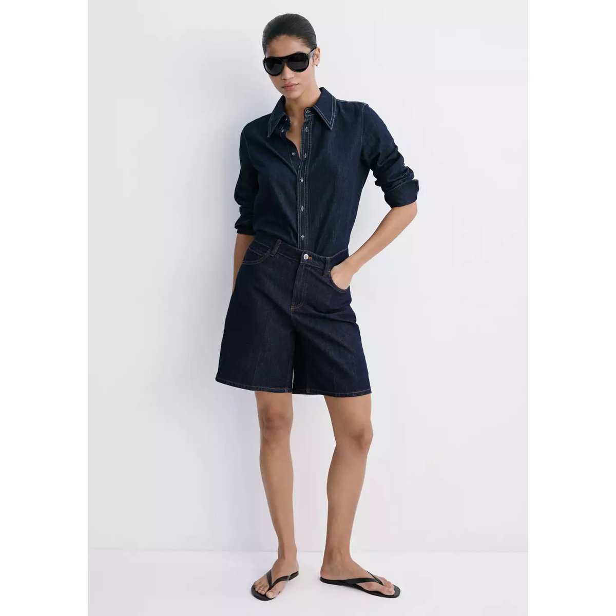 Bermuda en jean droit taille haute bleu, MANGO
