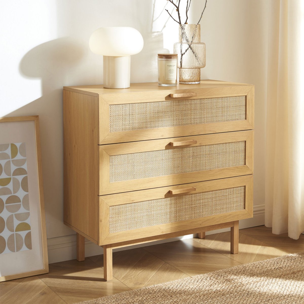 Commode 3 tiroirs en bois et cannage L85cm- JUNE bois clair, DRAWER