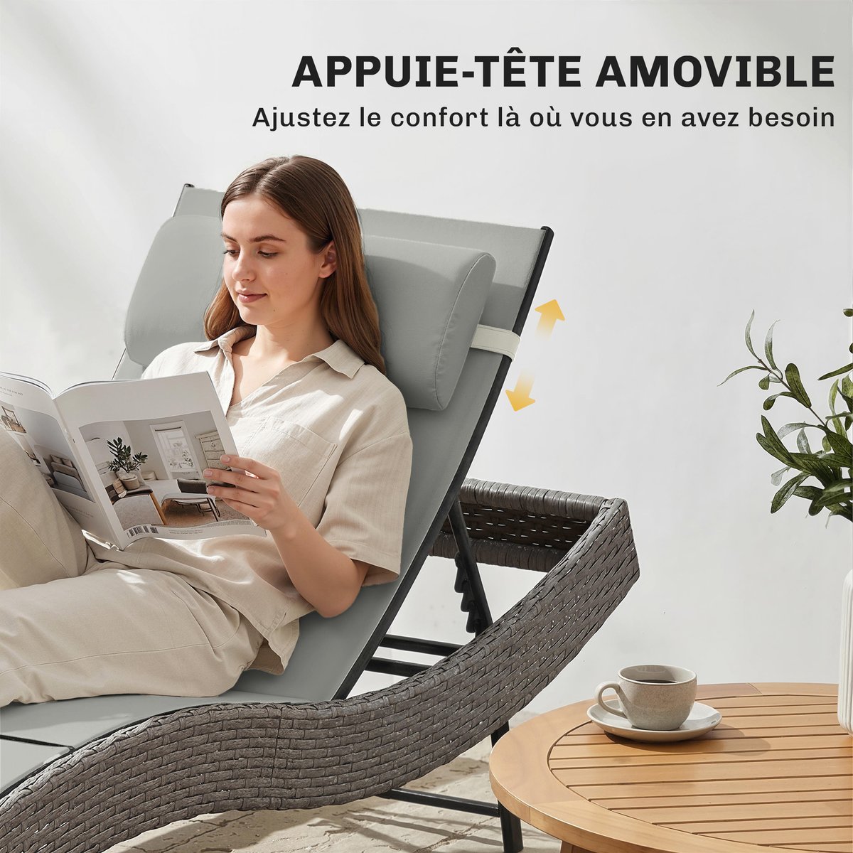 Chaise longue individuelle en rotin (modèle « gris clair, gris foncé, OUTSUNNY