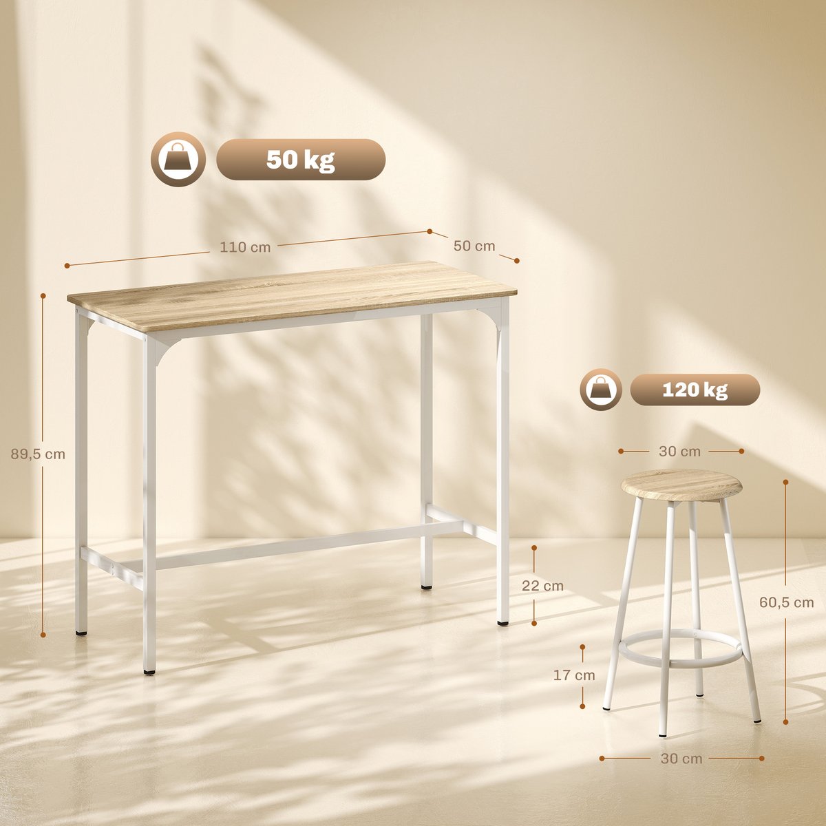 Ensemble de table de bar Métal effet bois naturel, blanc, HOMCOM