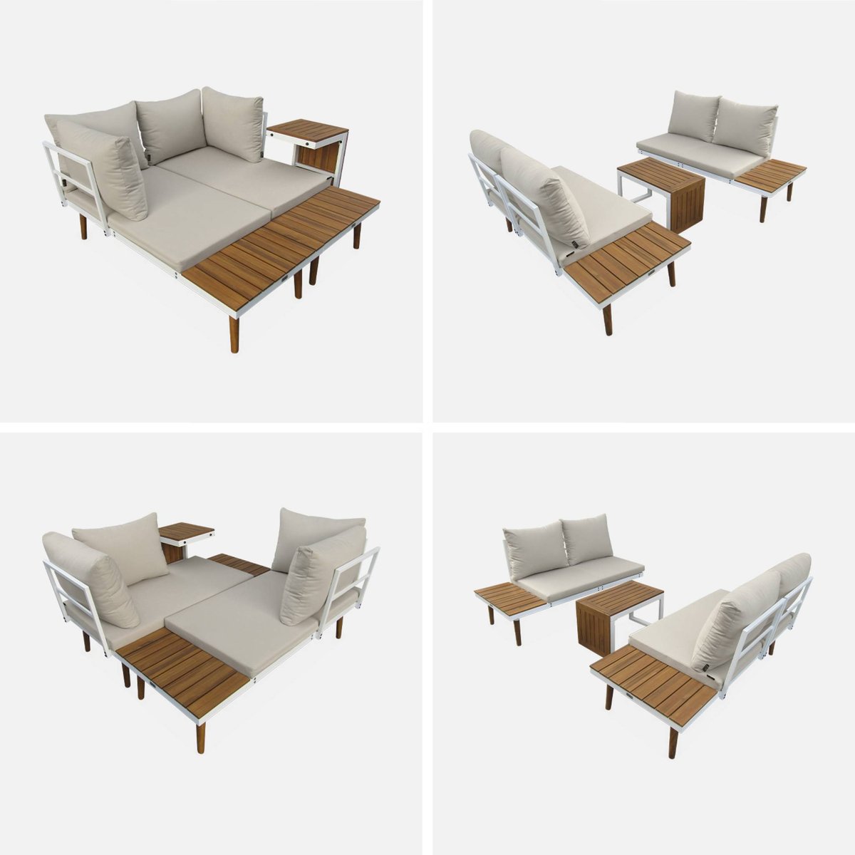 Salon de jardin modulable aluminium et bois d'acacia 4 places SAO PAULO blanc / beige, SWEEEK