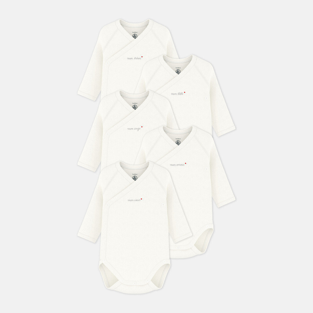 Confezione da 5 body nascita a maniche lunghe bianco, PETIT BATEAU