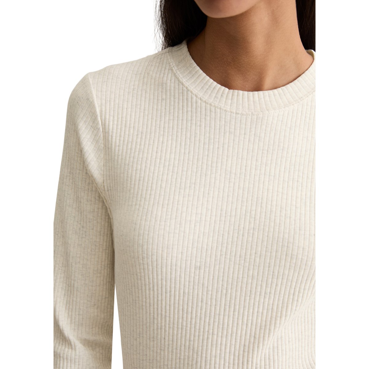 T-shirt long en jersey côtelé slim en coton bio mélangé et élastique blanc naturel, MARC O’POLO DENIM