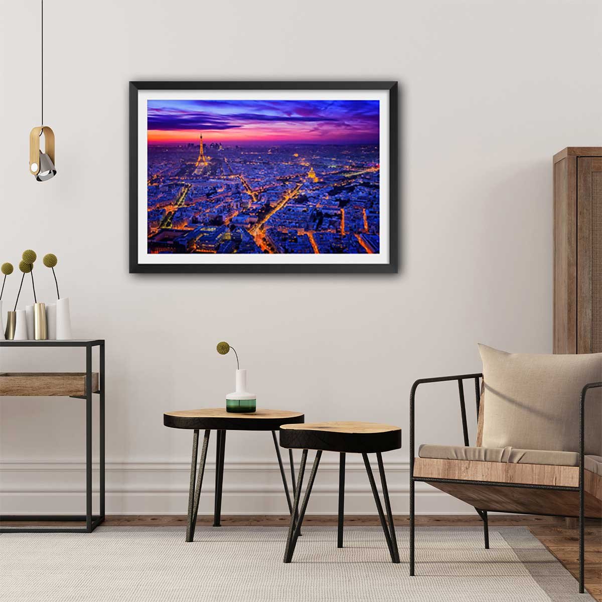 Affiche paysage paris city lights affiche + cadre en bois - noir, HEXOA