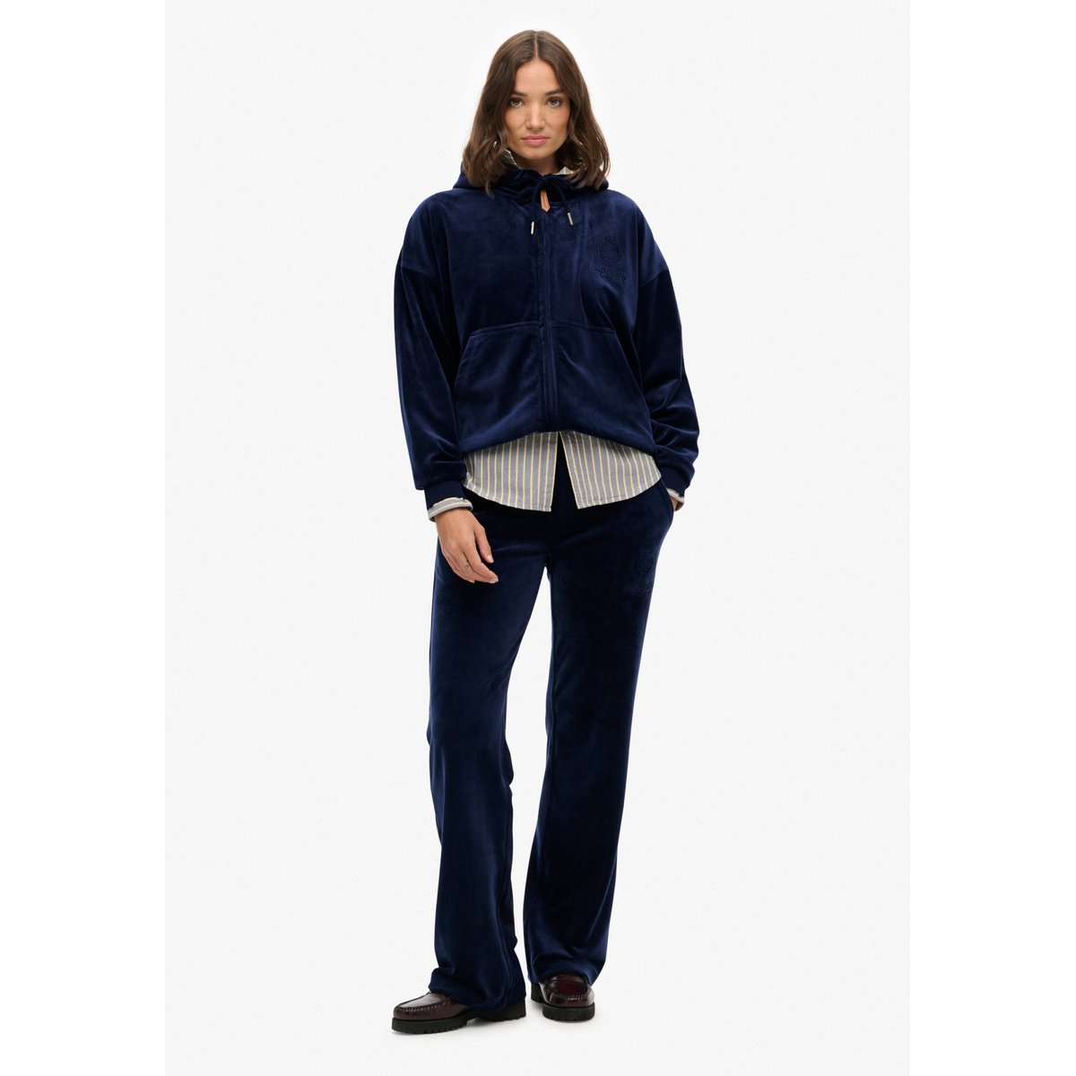 Sweat à capuche Country Club en velours bleu marine intense, SUPERDRY