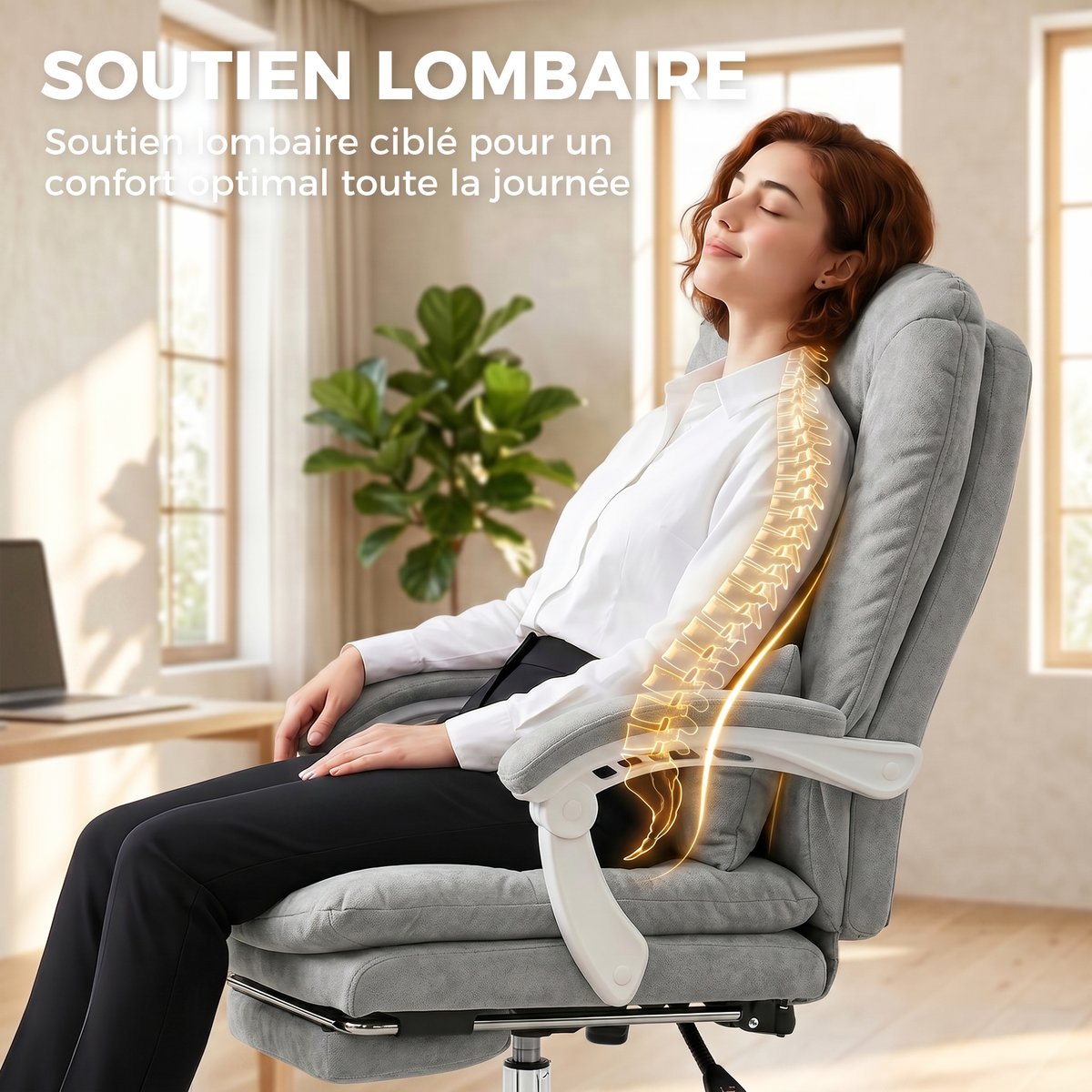 Chaise de bureau Velours (100 % Polyester) gris clair, HOMCOM