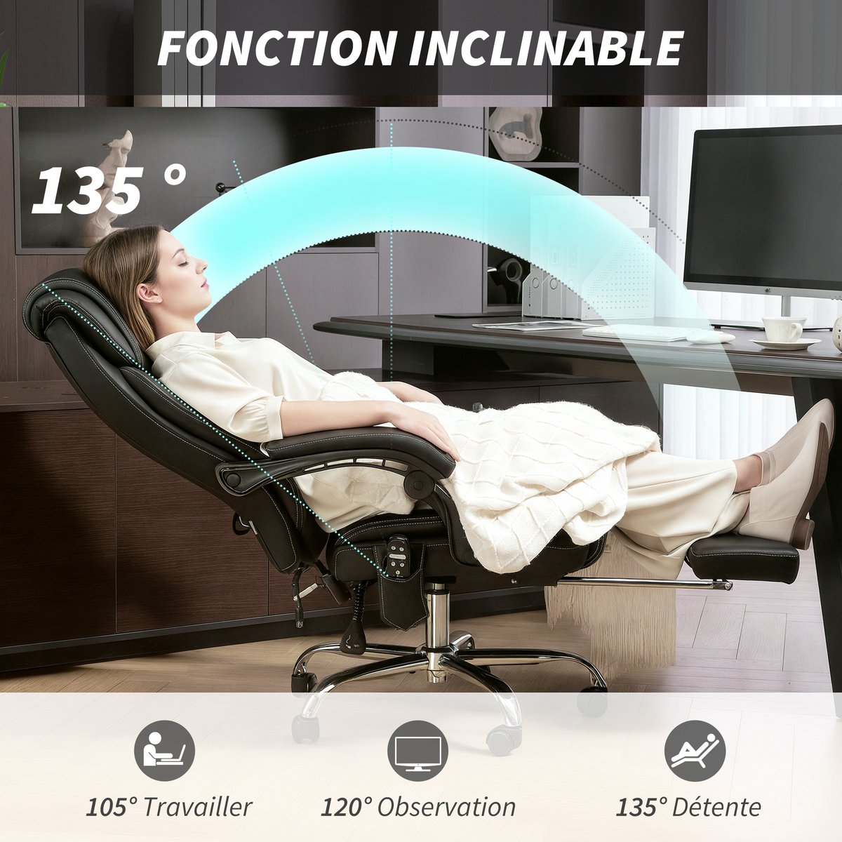 Fauteuil de bureau avec fonction massage noir, HOMCOM