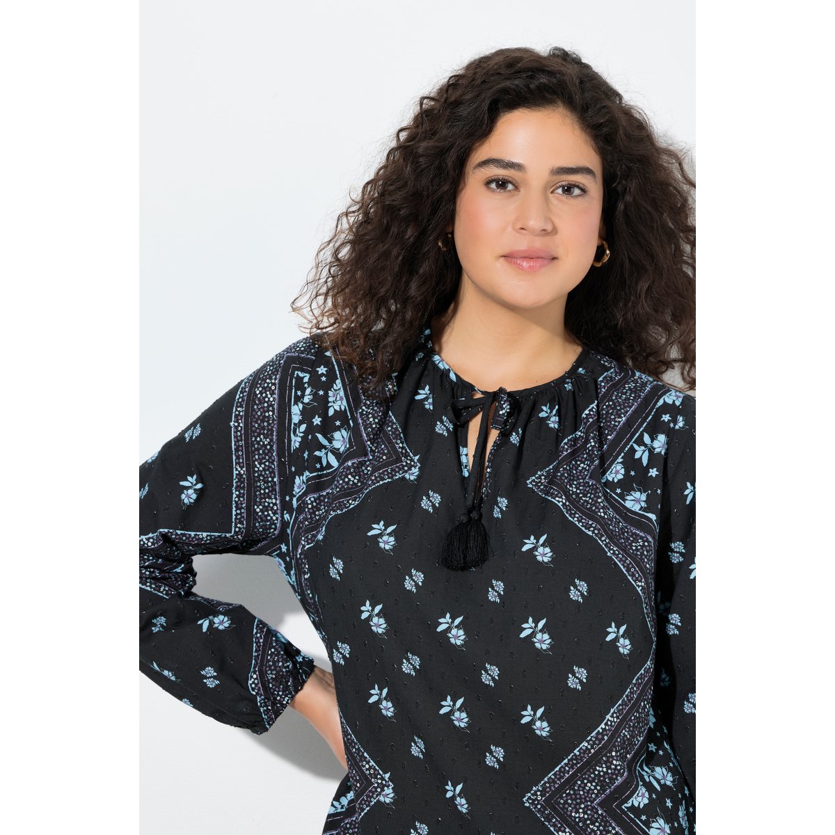 Blouse col tunisien et manches longues noir, ULLA POPKEN