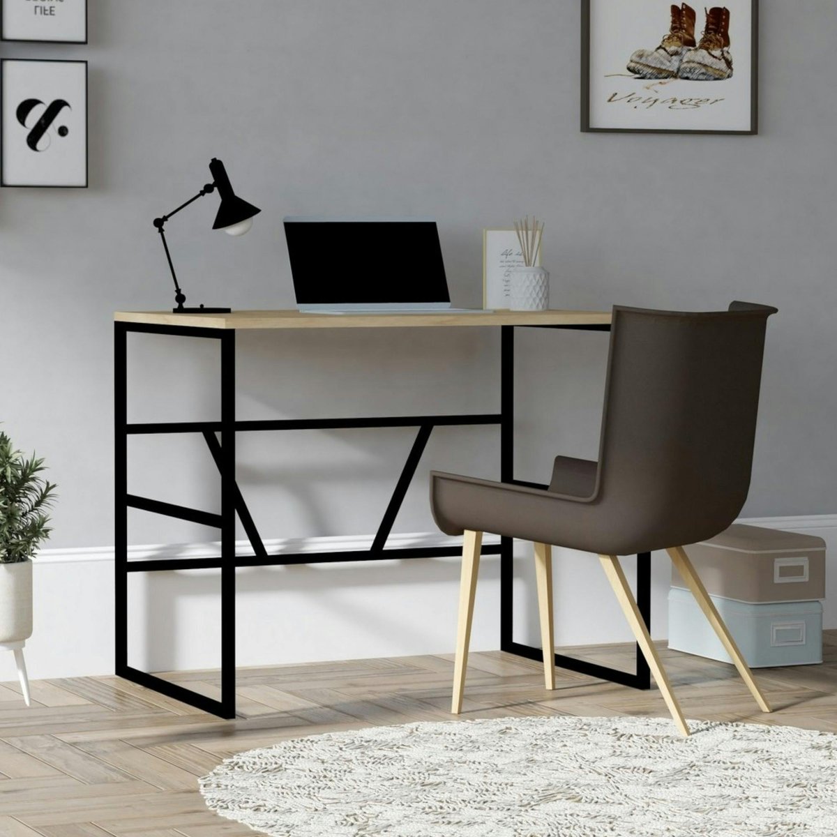 Bureau minimaliste bois/métal JENA chêne, PIER IMPORT