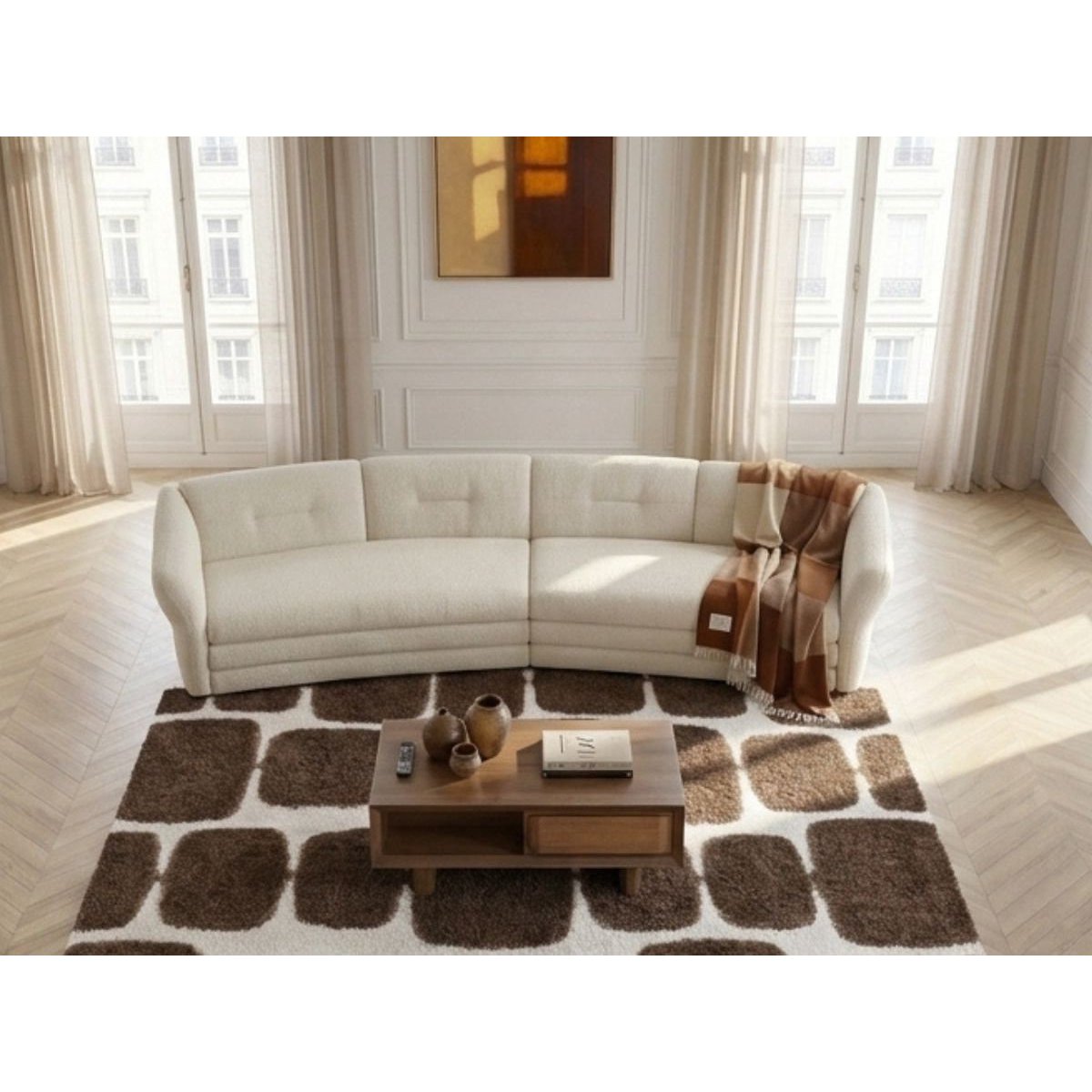 Canapé droit fixe 4 places en tissu chiné, MARBLE beige, BOBOCHIC