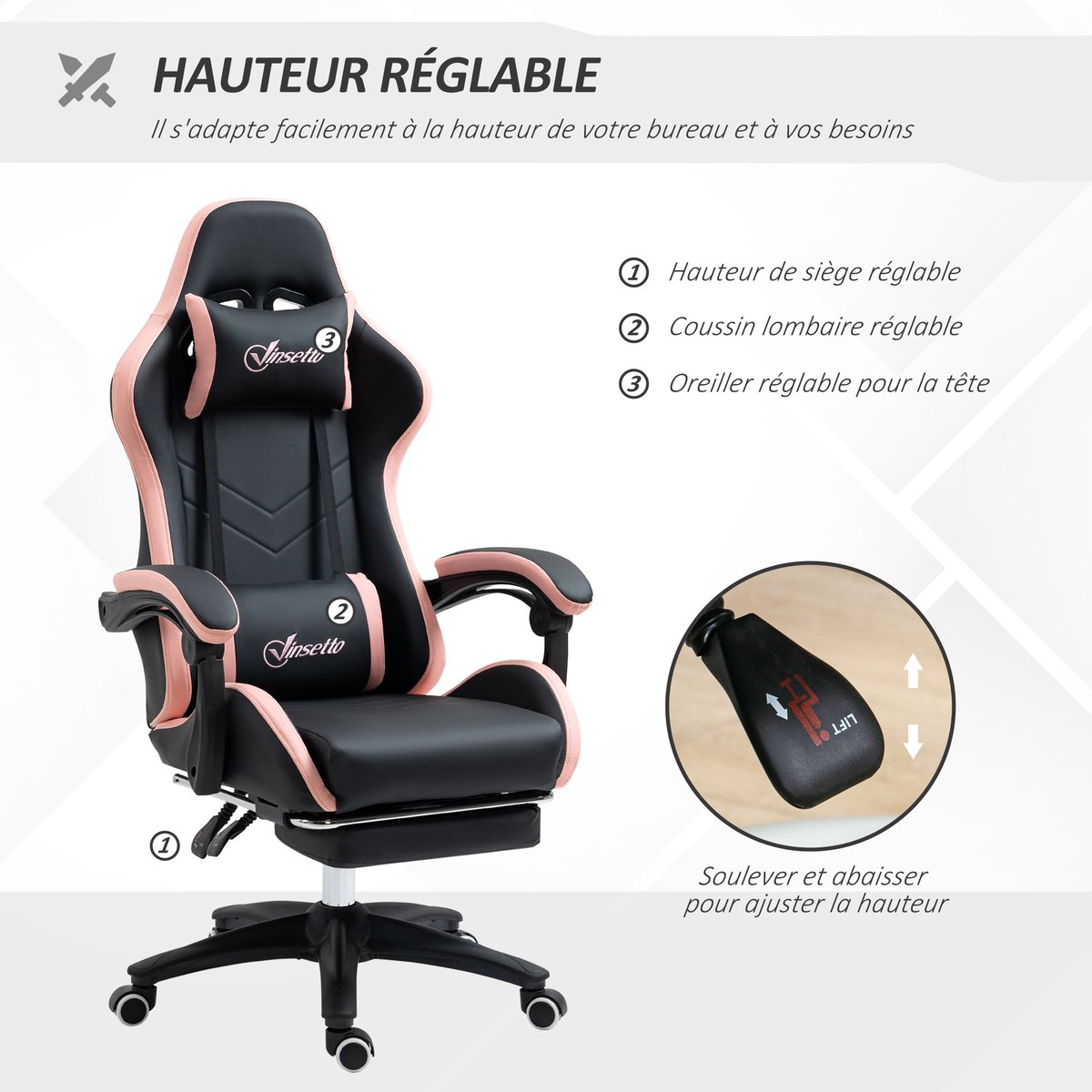 Fauteuil gaming Polyuréthane Rose rose, noir, HOMCOM