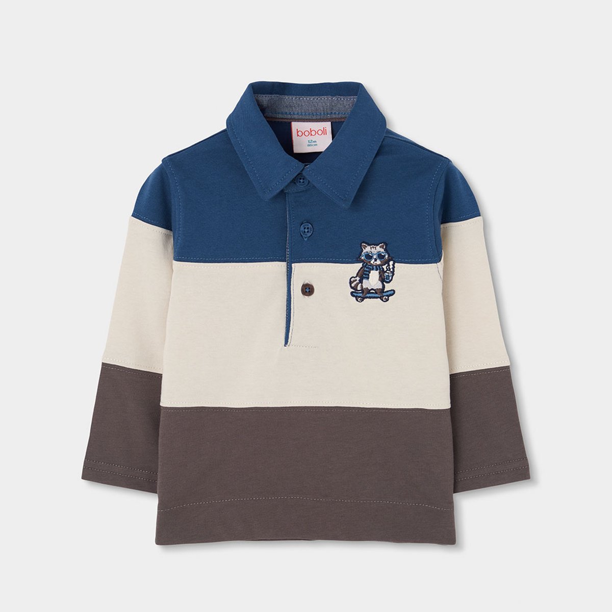 Polo garçon maille brodé raton laveur bleu, BOBOLI