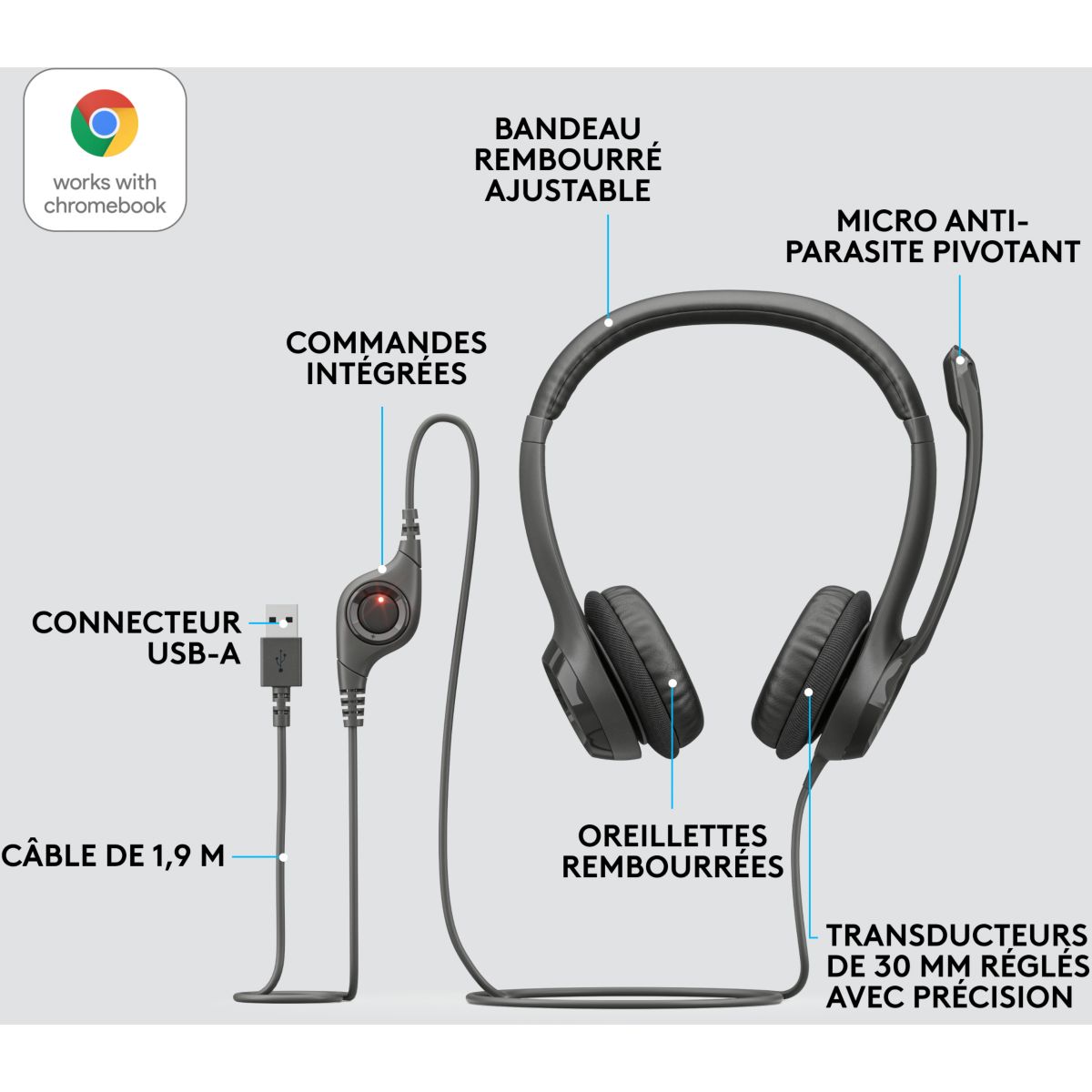 Micro-casque H390 USB stéréo noir, LOGITECH