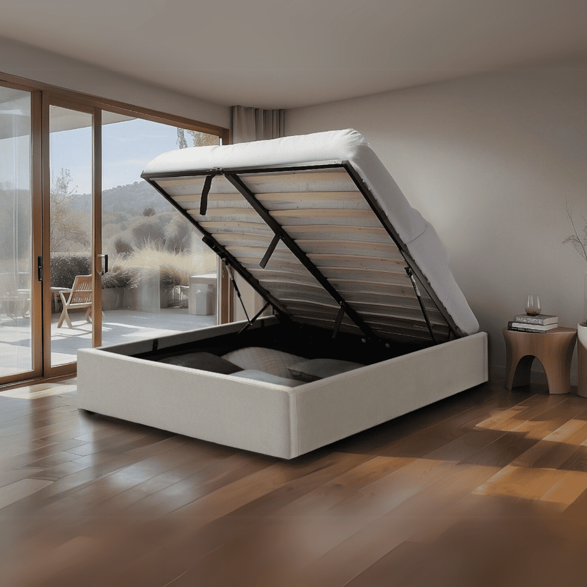 Lit coffre 140x190 cm en velours côtelé - ROMY beige, CALICOSY