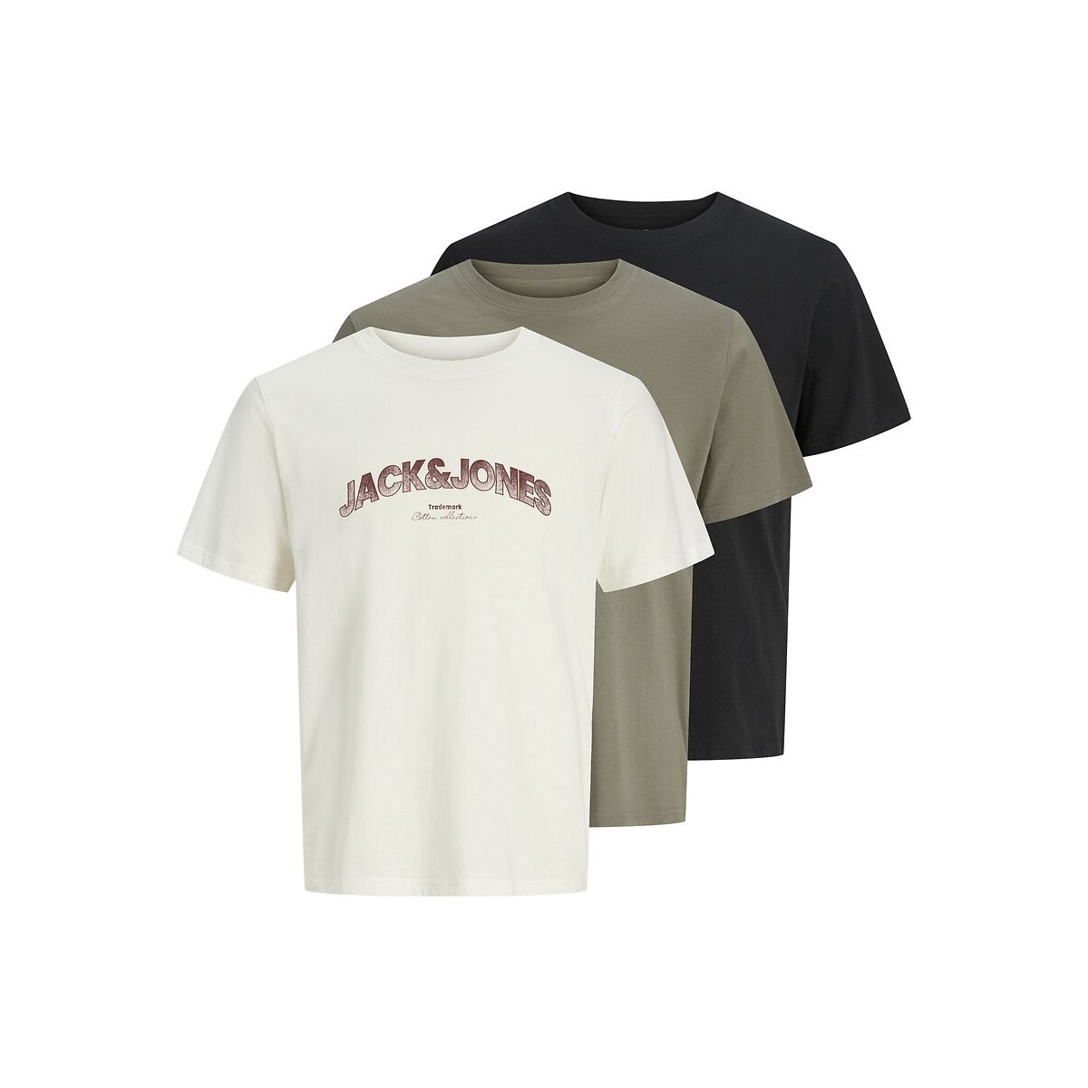 Pack of 3 Short Sleeve T-Shirts black+white+khaki, JACK & JONES
