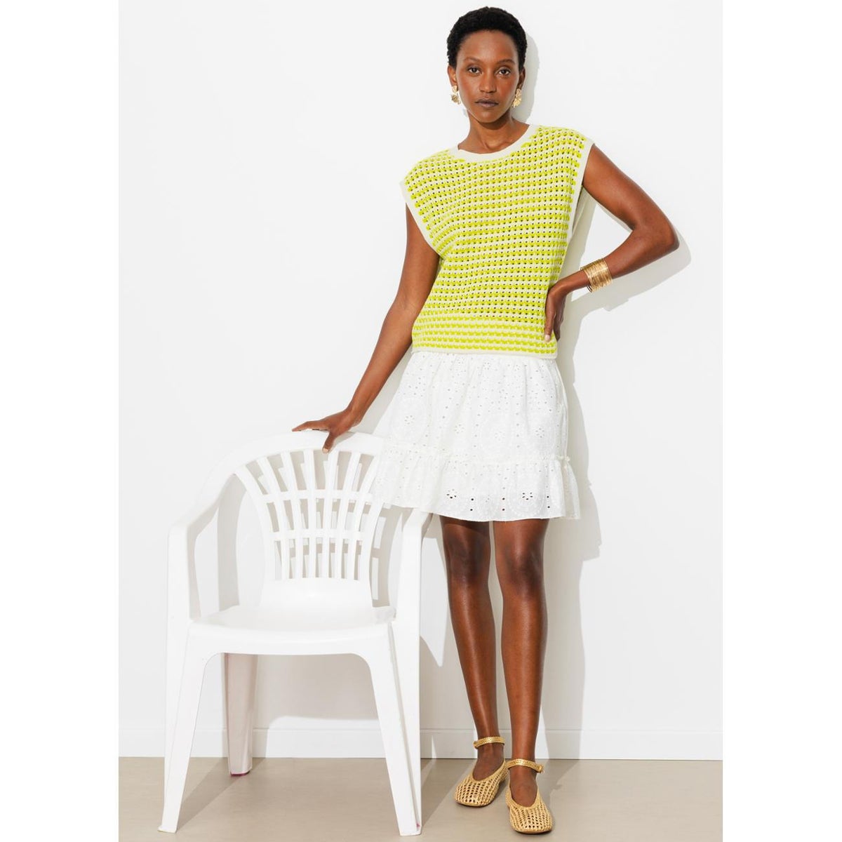 Pull en crochet bicolore rayé jaune, PROMOD