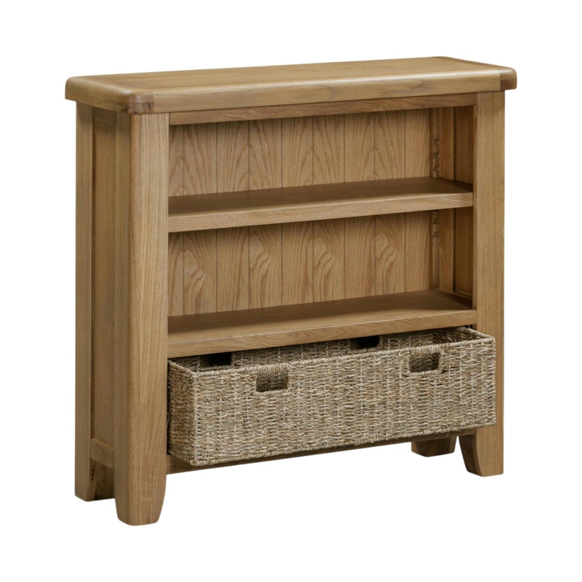 Bibliothèque basse en chêne avec panier de rangement VALMONT bois naturel, PIER IMPORT