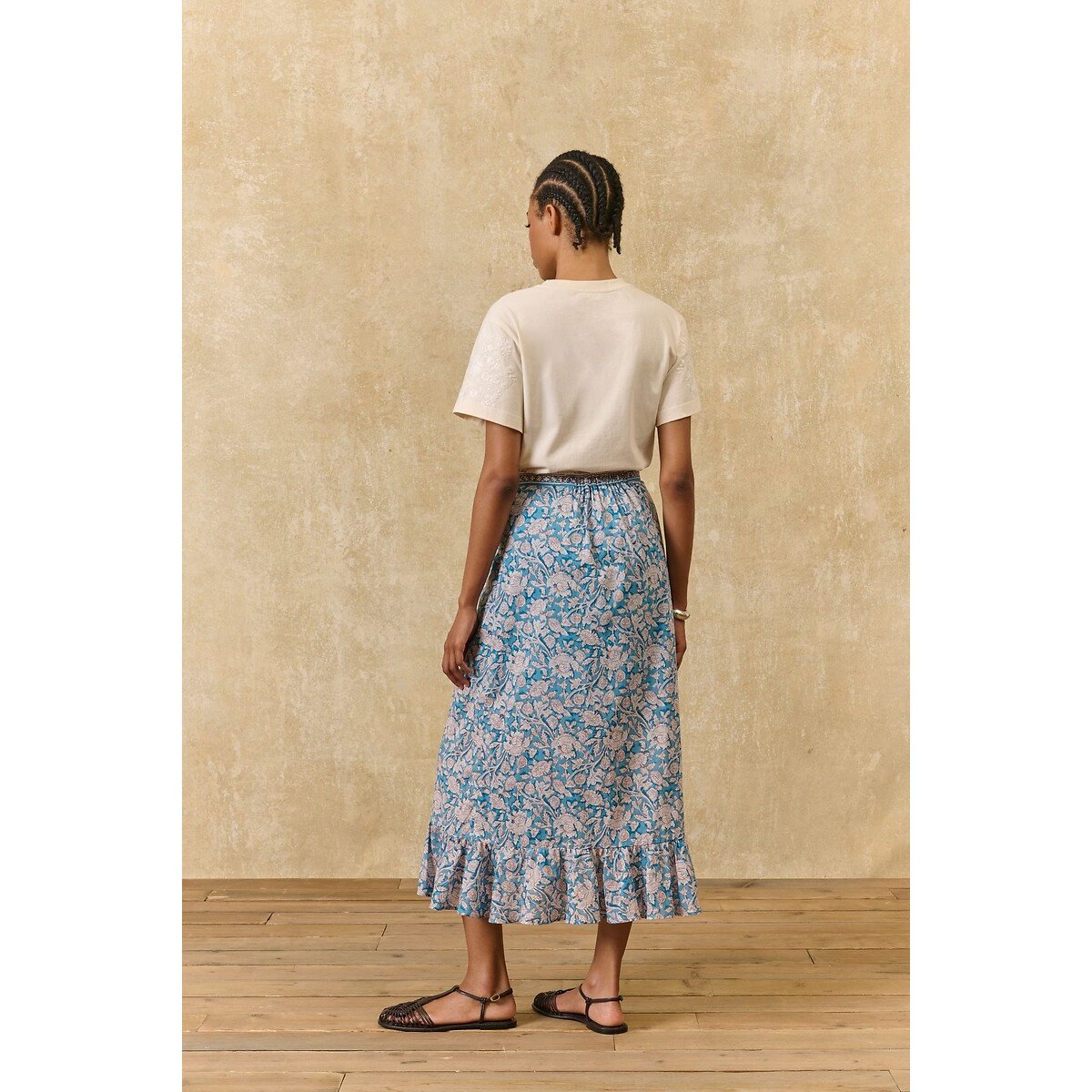 Jupe midi portefeuille fleurie, IMELDA imprimé fleurs bleues, LOUISE MISHA