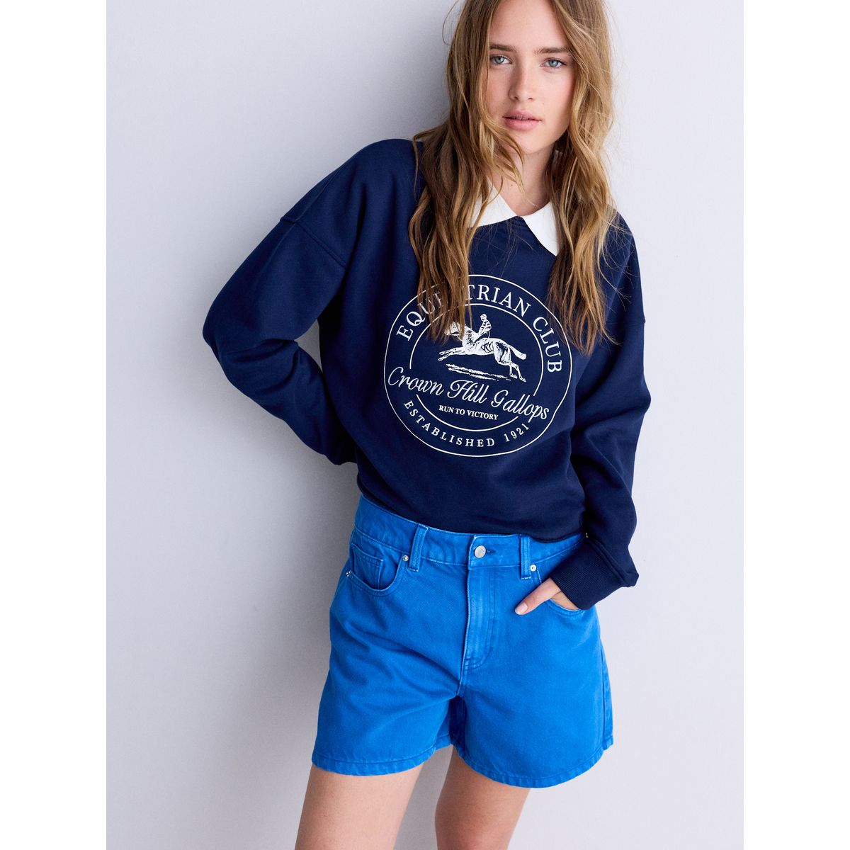 Short en denim taille haute coupe trapèze bleu cobalt, NEXT