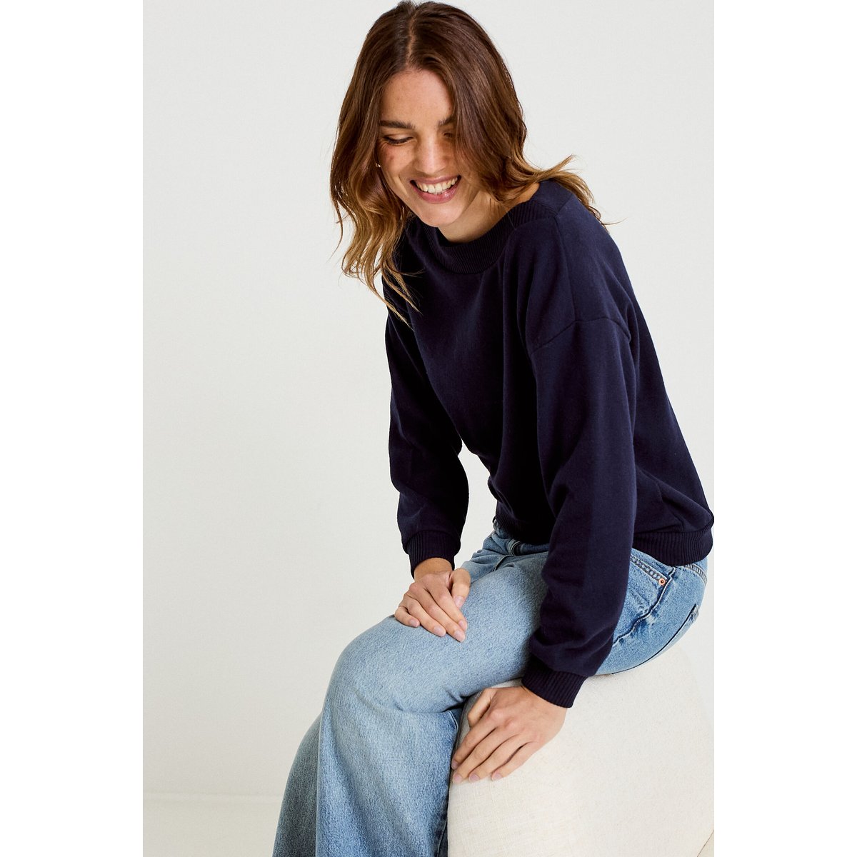 Sweat duveteux col rond manches longues bleu marine, CACHE CACHE