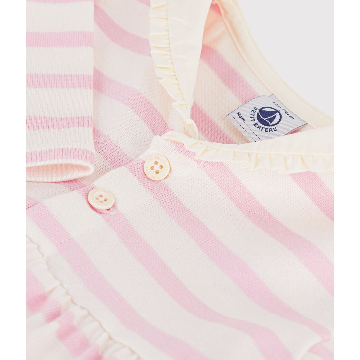 Robe marinière, en coton, manches longues et col marin rayé rose/blanc, PETIT BATEAU