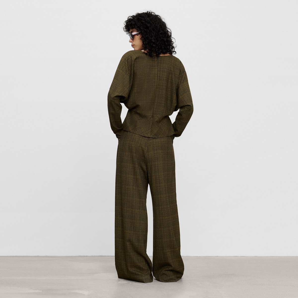 Pantalon à jambes larges à carreaux vert à carreaux, ADOLFO DOMINGUEZ