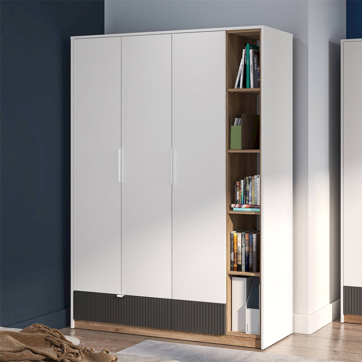 Armoire ado 3 portes tiroir et niches TORINO blanc alpin, chêne honey castello et graphite mat, RECOLLECTION