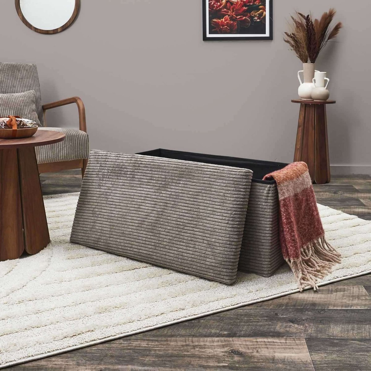 Banc de rangement pliable en velours côtelé SCOTT taupe, THE HOME DECO FACTORY