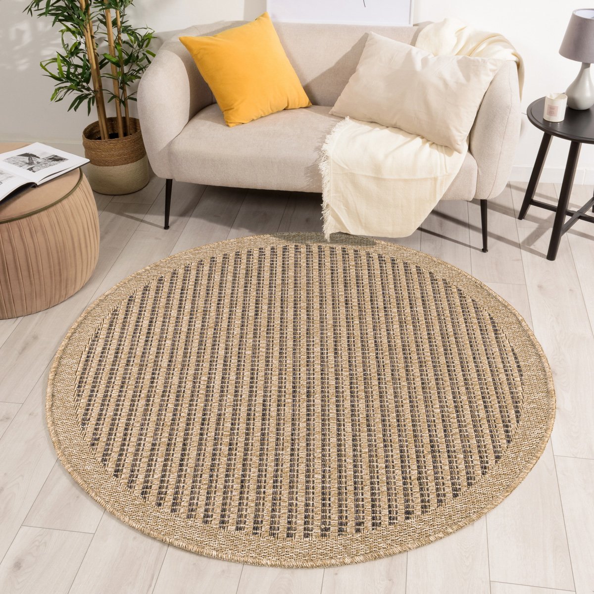 Tapis intérieur extérieur rond aspect jute motifs lignes NATURE marron, NAZAR RUGS