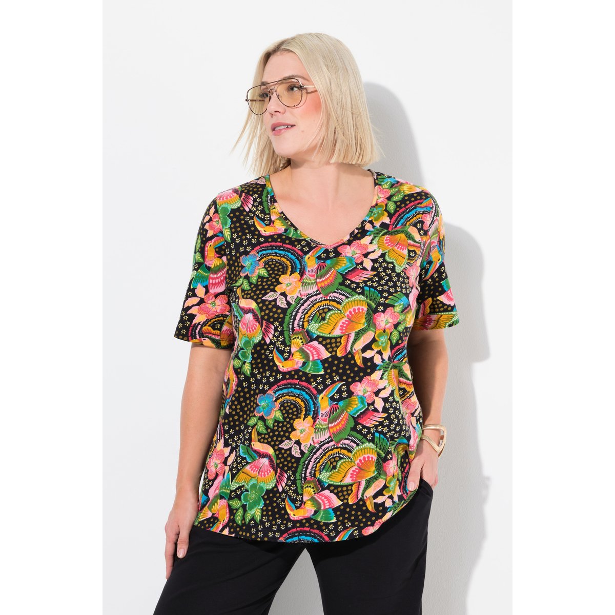 T-shirt long à fleurs noir, ULLA POPKEN