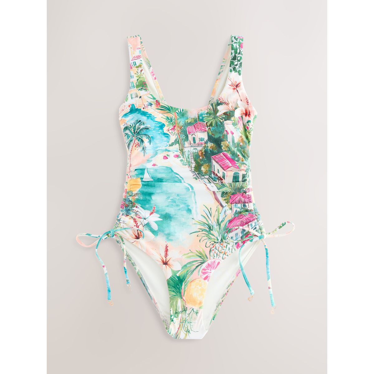 Maillot de bain froncé dégagé ventre plat impression panoramique bleue/rose, NEXT