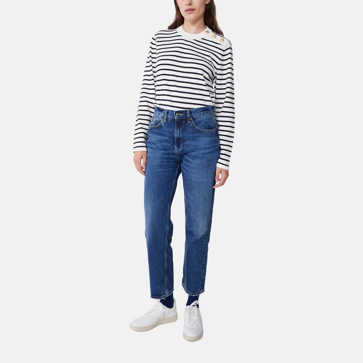 Pull marin femme en coton à rayures rayé blanc/bleu, PETIT BATEAU