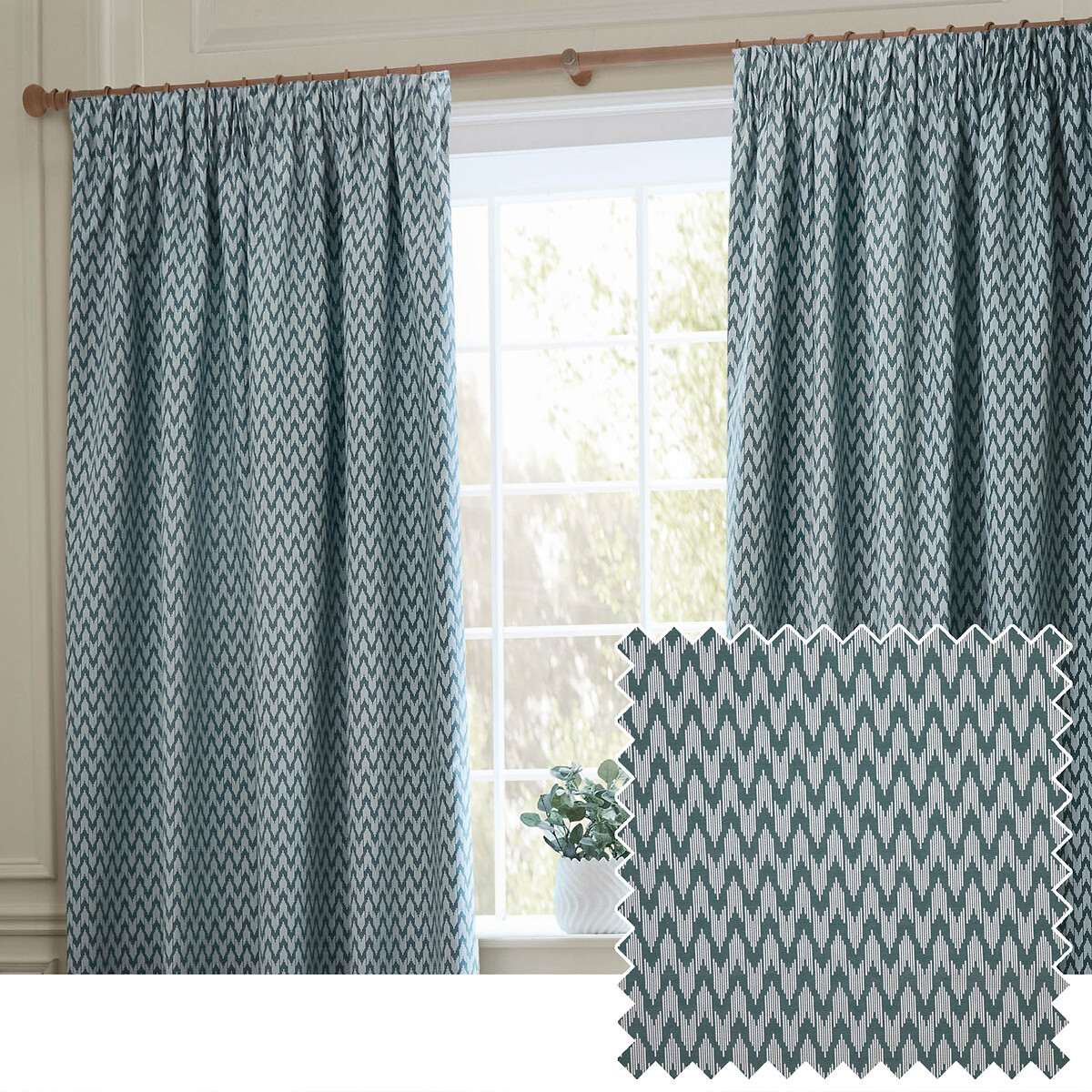 Hutton Woven Jacquard Pencil Pleat Curtains blue, SANDERSON