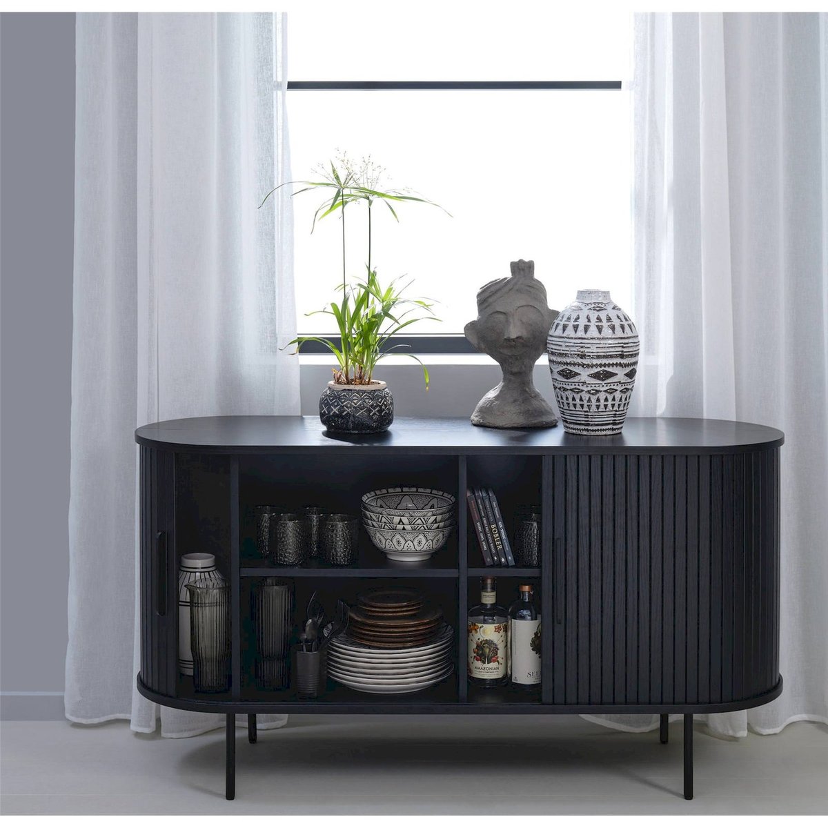 Buffet cannelé en bois collection GATIVEL noir mat, RECOLLECTION