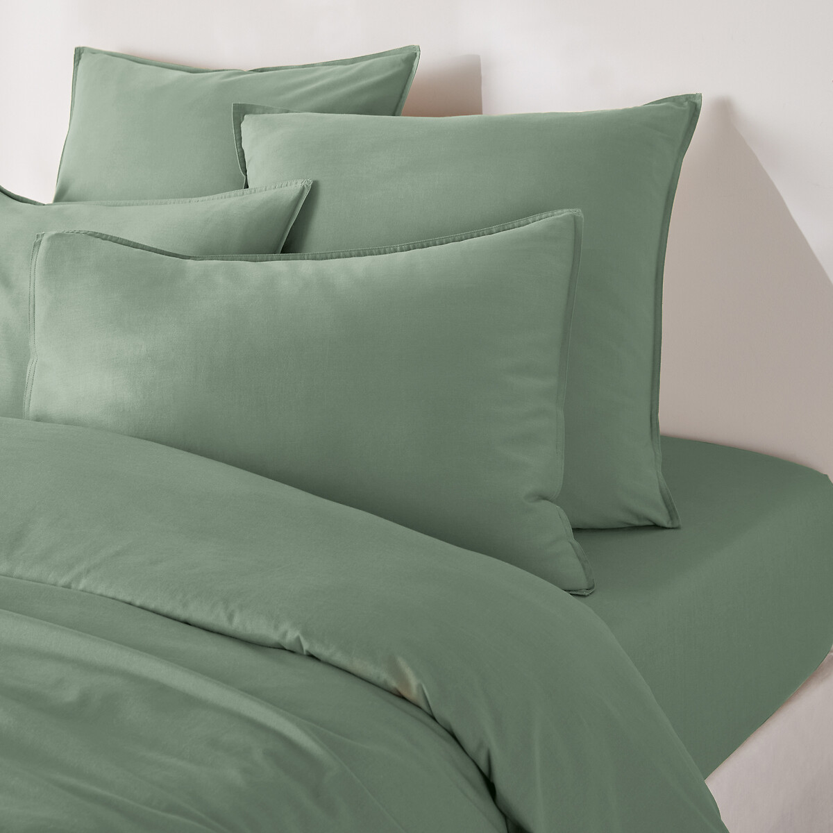 Scenario 30cm Plain Washed Cotton Fitted Sheet eucalyptus, LA REDOUTE INTERIEURS