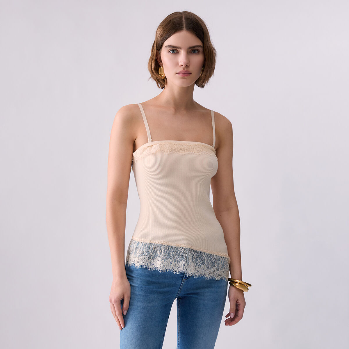 Top Asymétrique avec Détails en Dentelle crème, LIU JO
