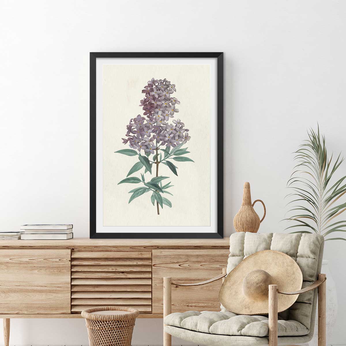 Affiche fleurs de Lilas vintage affiche + cadre en bois - noir, HEXOA