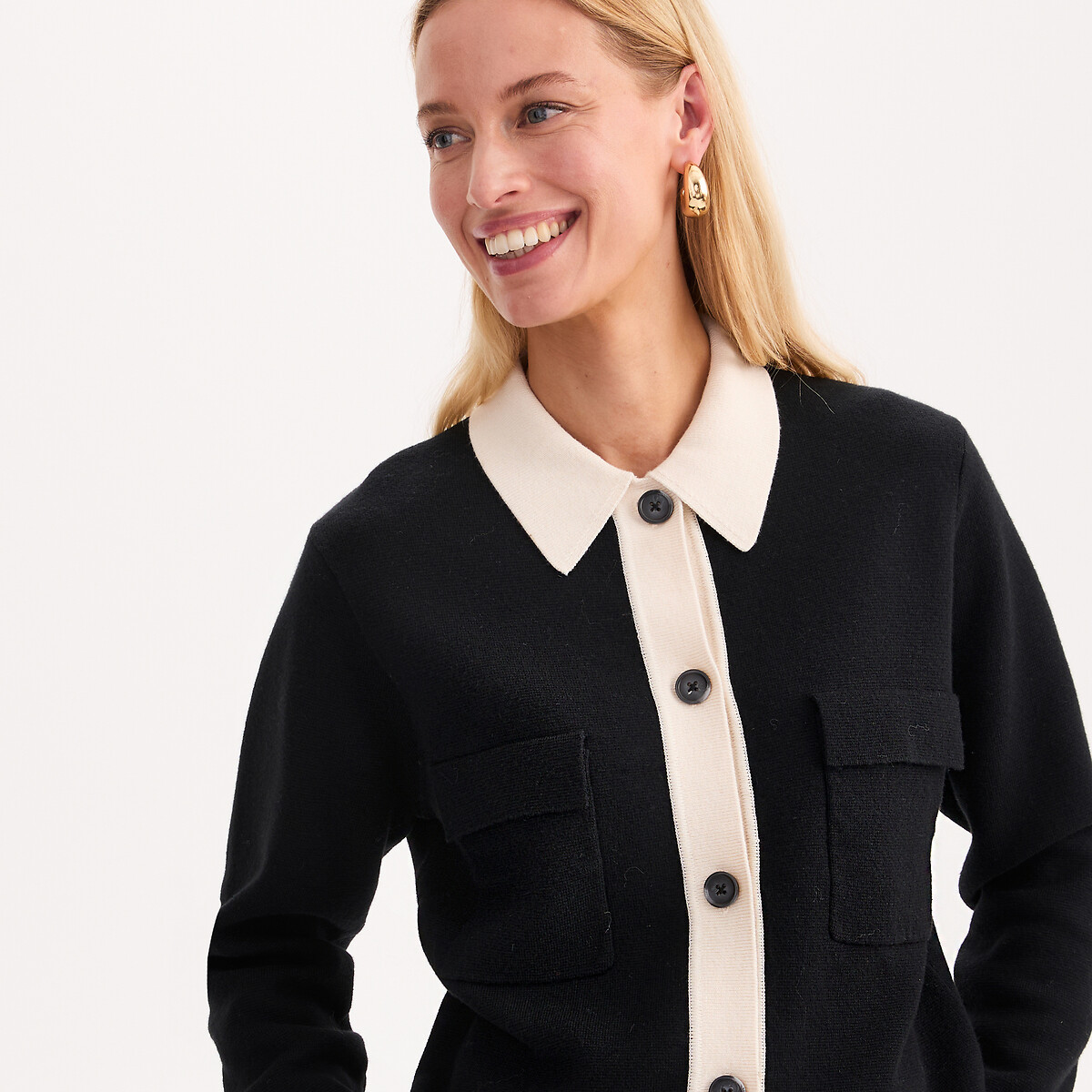 Two-Tone Cotton/Wool Blend Polo Collar Cardigan black/ecru, ANNE WEYBURN