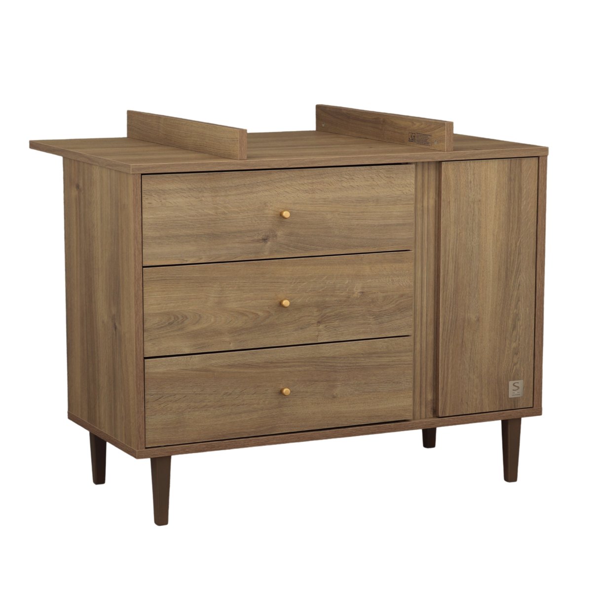 Commode 3 tiroirs et 1 porte avec détail imitation bois texturé et pieds bois marron, SAUTHON