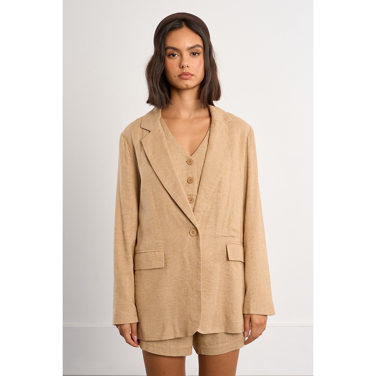 Blazer droit en lin beige, LILI SIDONIO