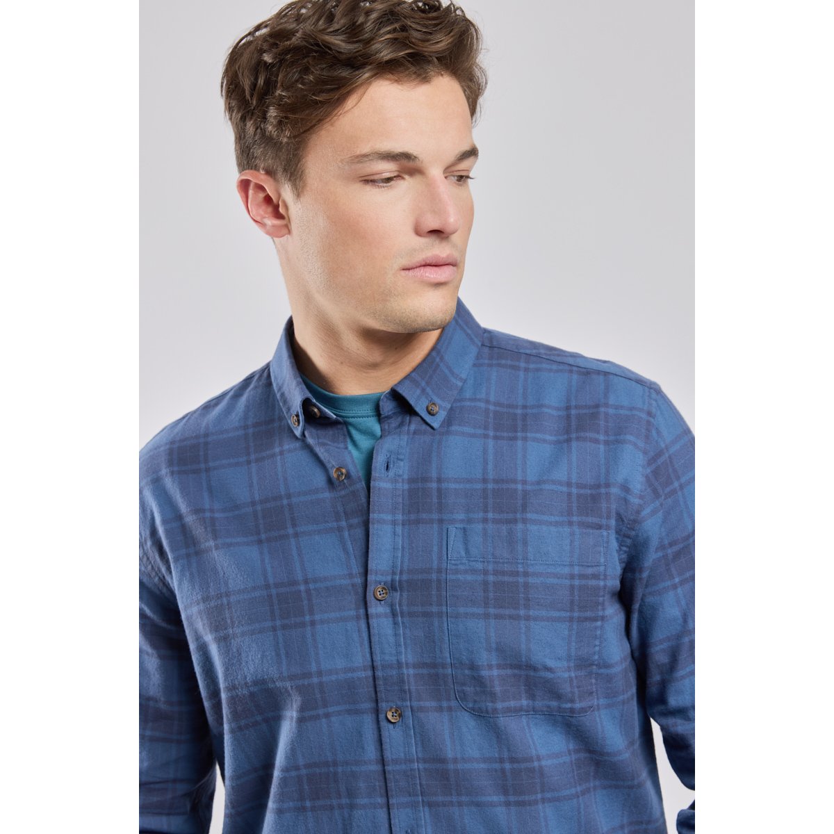 Chemise manches longues confort col boutonné carreaux bleu h26, ARMOR-LUX