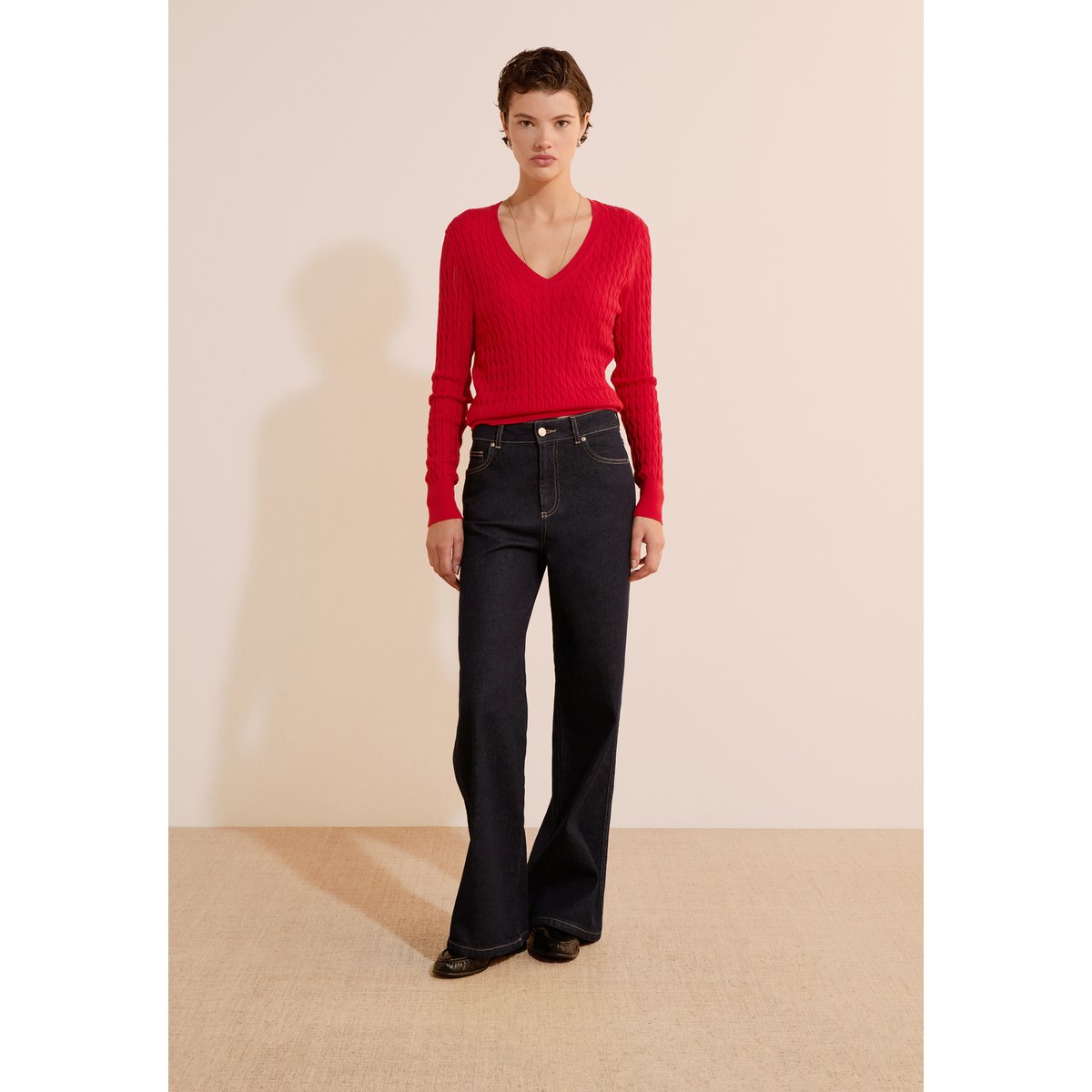Top col V en coton BRUNO BROD jean denim, ETAM