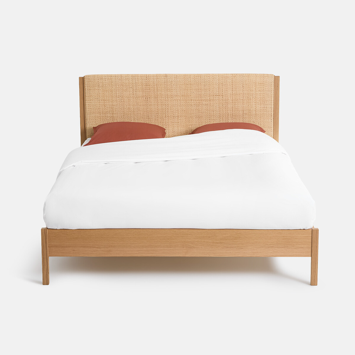 Bed met lattenbodem, eikenhout, eikenfineer en gevlochten rotan, ORA eikenhout, LA REDOUTE INTERIEURS