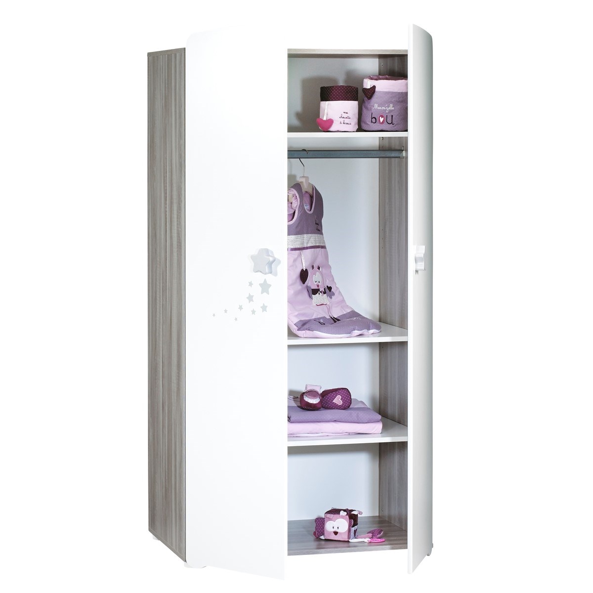 Chambre trio lit et Commode et Armoire en bois blanc, BABY PRICE