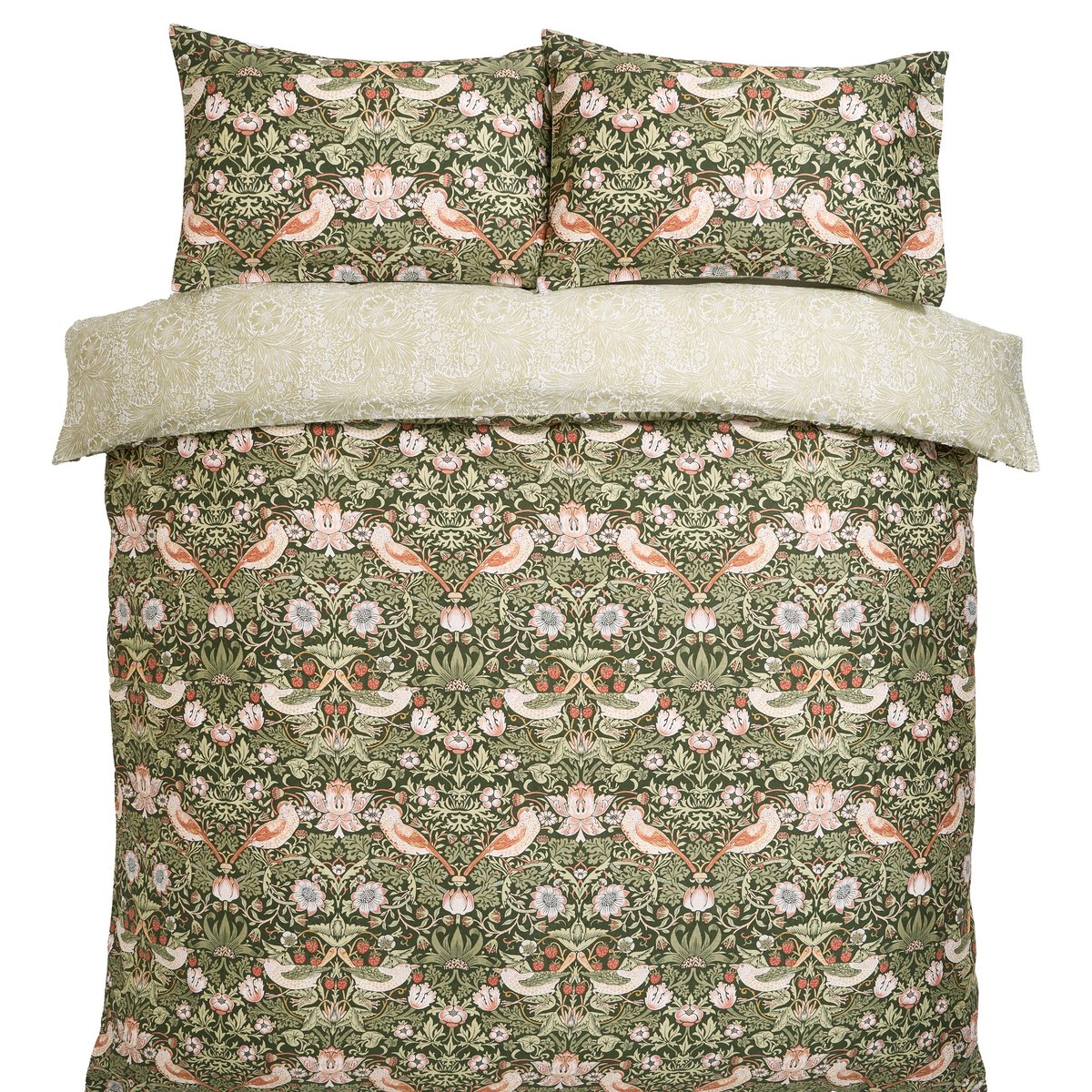 Parure de lit, housse de couette fleurie + 2 taies pour grand lit 2 personnes Oiseaux et fraisiers vert, ocre, orangé, WILLIAM MORRIS AT HOME