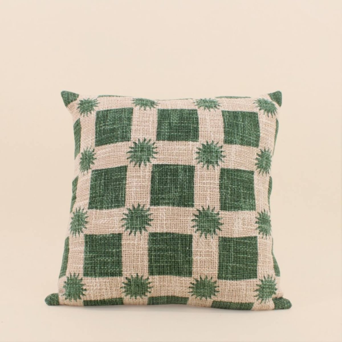 Coussin en coton natté imprimé soleils 40x40cm vert, ORNAMI