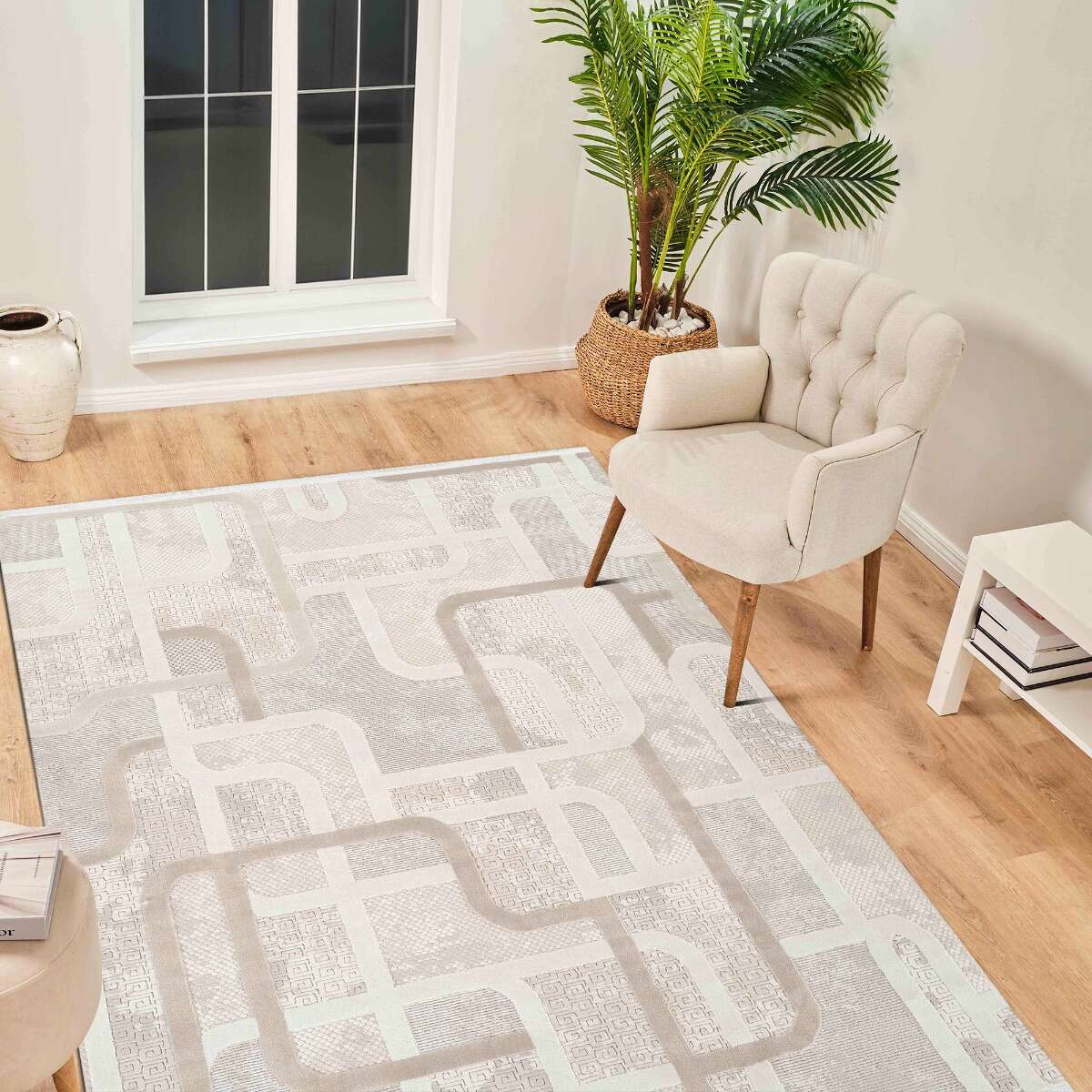 Tapis doux moderne en relief géométrique GEO beige, THE DECO FACTORY