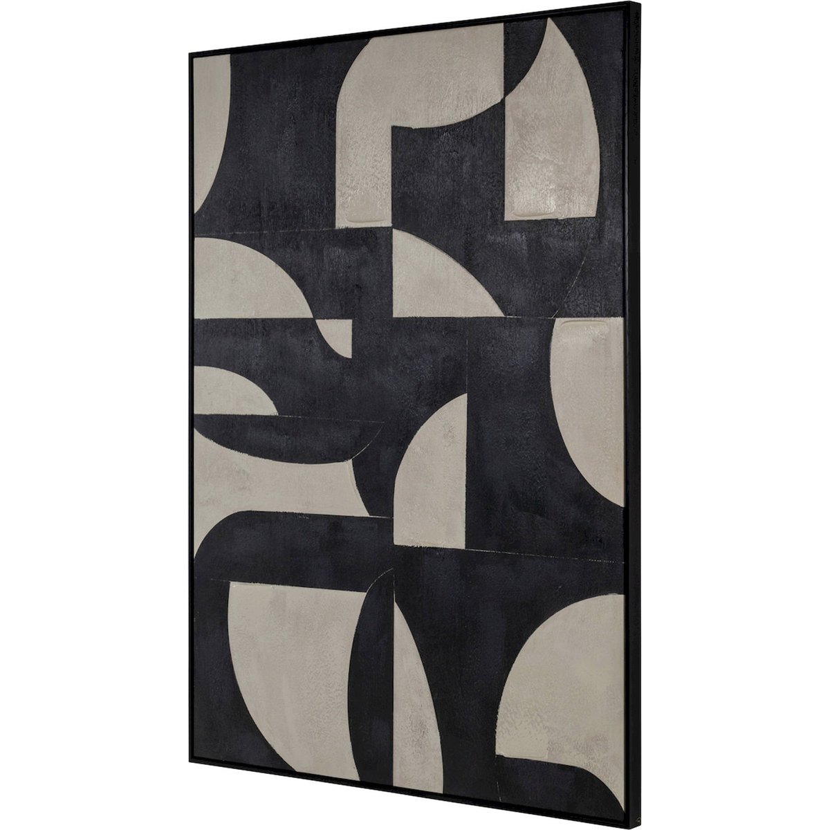Tableau abstrait rectangulaire en toile noir graphique et beige clair, RECOLLECTION